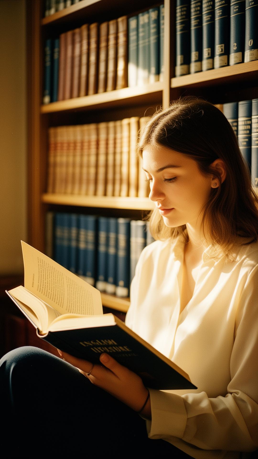 Student reading English literature in a sunlit library